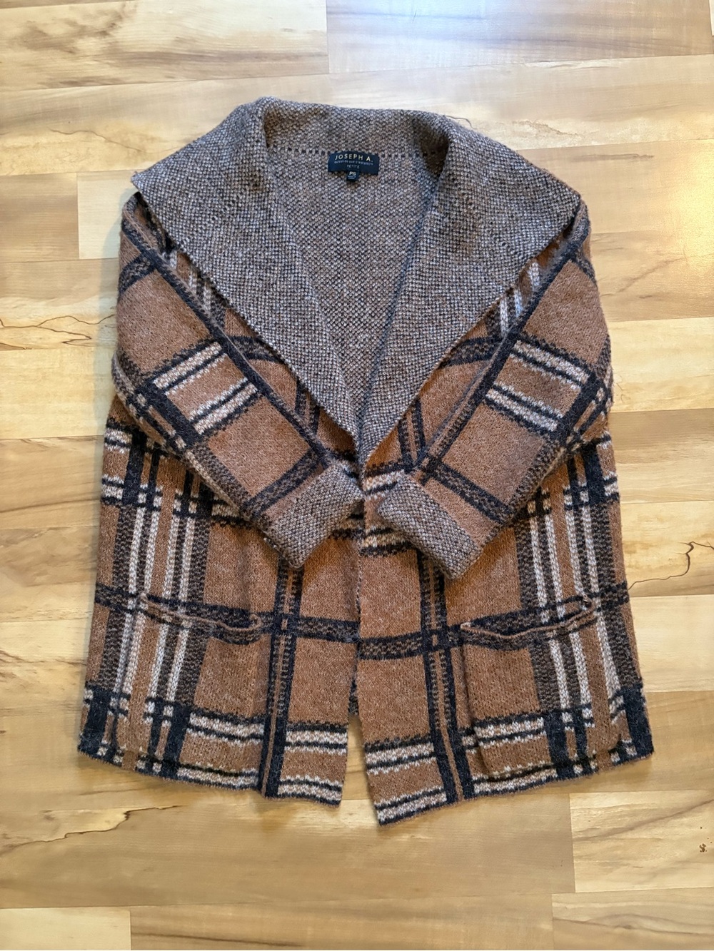 Joseph Women’s Plaid Shawl Collar Cardigan in Brown and Black